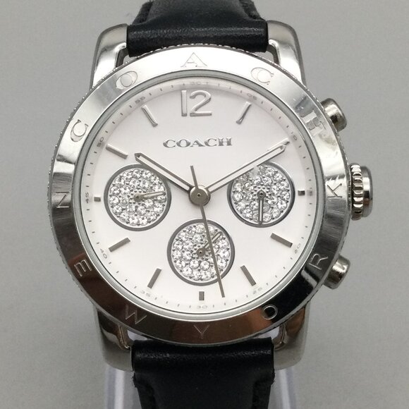 Coach Legacy Sport Chronograph Watch Women 36mm Silver Tone Leather New Battery - Picture 1 of 15